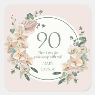 Sticker Carré Remerciements pour les 90 ans Fleur tropicale