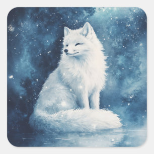 Sticker Carré Renard Arctique Assis sur la Glace avec Nébuleuse 