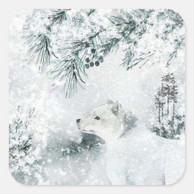 Sticker Carré Renard arctique Blustering Hiver Forêt tempête de  (Devant)
