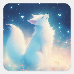 Sticker Carré Renard Arctique Regardant vers le Haut le Ciel Noc