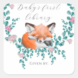 Sticker Carré Renard bébé en fleurs - Première bibliothèque de b