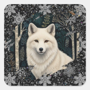 Sticker Carré Renard blanc de Noël loup blanc flocon de neige sc