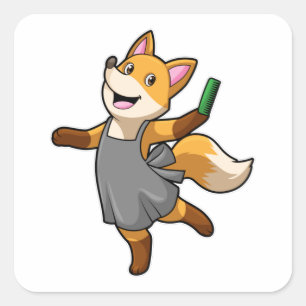 Sticker Carré Renard comme coiffeur avec ciseaux