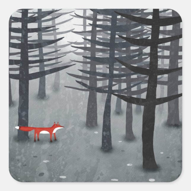 Sticker Carré Renard dans une peinture forestière (Devant)