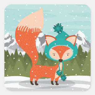 Sticker Carré Renard De Noël Dans Un Casquette Turquoise
