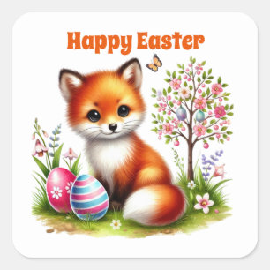 Sticker Carré Renard de Pâques mignon et heureux