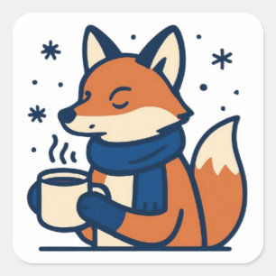 Sticker Carré Renard d'hiver Cozy avec du cacao chaud