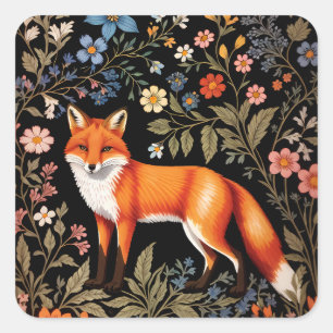 Sticker Carré Renard Élégant Fleur Florale Noir