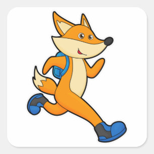 Sticker Carré Renard en course avec sac à dos
