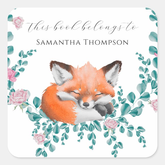 Sticker Carré Renard en fleurs - ce livre appartient à (Devant)