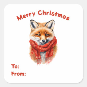 Sticker Carré Renard mignon dans une écharpe rouge, cadeau aller