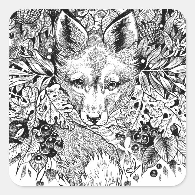 Sticker Carré Renard noir et blanc dans la forêt (Devant)