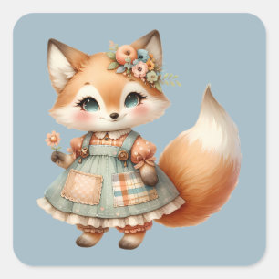 Sticker Carré Renard pastel floral cottagecore fantaisiste