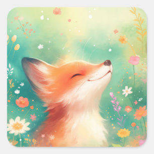 Sticker Carré Renard roux heureux dans des fleurs sauvages verte