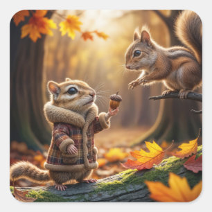 Sticker Carré Rencontre avec Chipmunk dans un bois d'automne