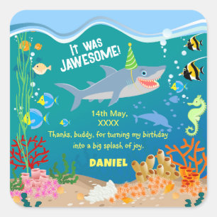 Sticker Carré Requin souriant sous la mer garçon fête d'annivers