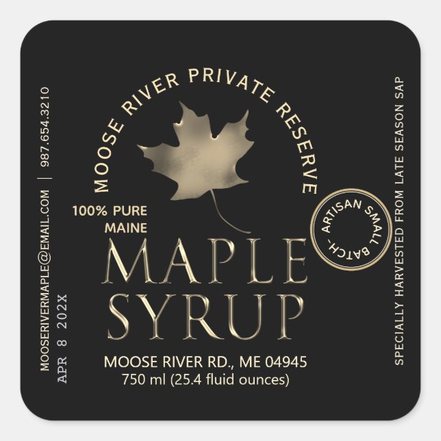 Sticker Carré Réserve privée Sirop d'érable noir avec feuille d' (Devant)