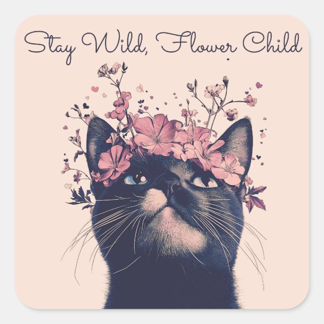 Sticker Carré Restez à l'abri, chat d'enfant à fleurs Floral Boh (Devant)