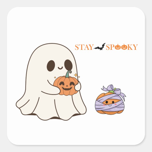 Sticker Carré Restez Éffrayant Cute Ghost & Citrouille Halloween (Devant)