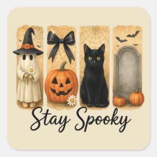 Sticker Carré "Restez Éffrayant" Halloween Brosse Stroke Chat