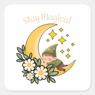 Sticker Carré Restez Magique Gnome sur le Croissant de Lune 