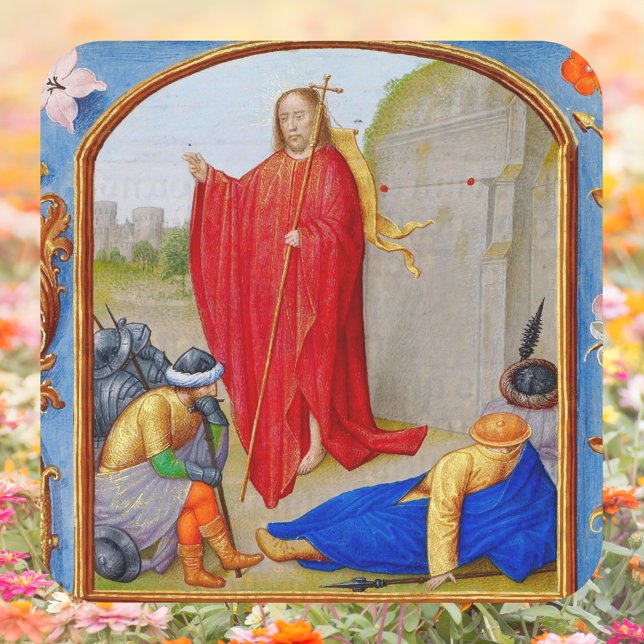 Sticker Carré Résurrection médiévale chrétienne de Jésus Pâques (Religious Christian Catholic Medieval Resurrection of Jesus Christ is Risen Easter Square Sticker)