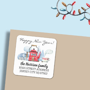 Sticker Carré Retour Adresse Aquarelle Maison de Noël