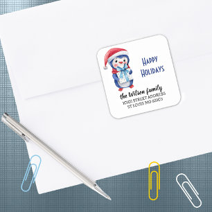 Sticker Carré Retour Adresse Blue Red Penguin Joyeux jours férié