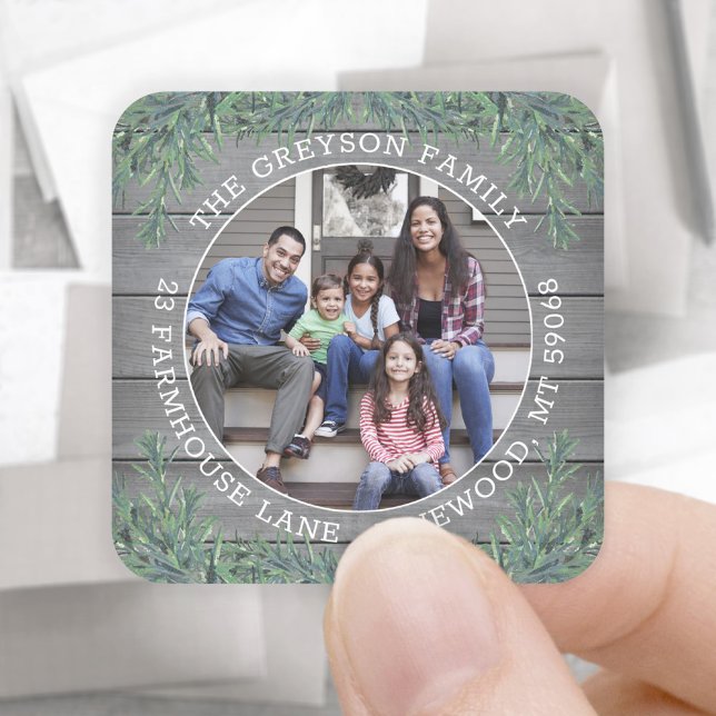 Sticker Carré Retour Adresse et photo Noël Vert et bois (Créateur téléchargé)