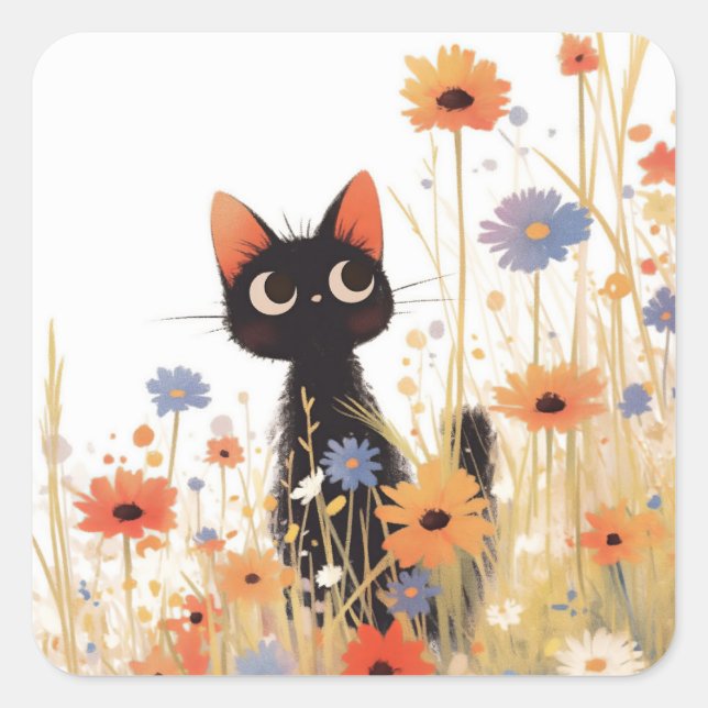 Sticker Carré Retraite des fleurs de chats noirs (Devant)