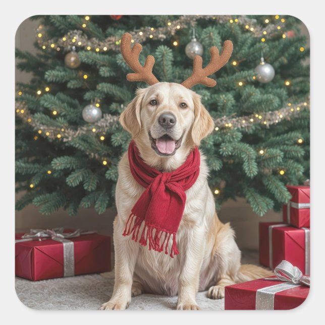 Sticker Carré Retriever Labrador de Noël avec Antlers (Devant)