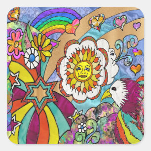 Sticker Carré Retro 60s Psychedelic Sunshine Aigle Cadeaux