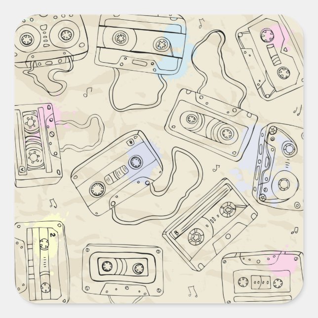 Sticker Carré Retro 80s 90s Nostalgic Cassette Mix Tape Pattern (Devant)