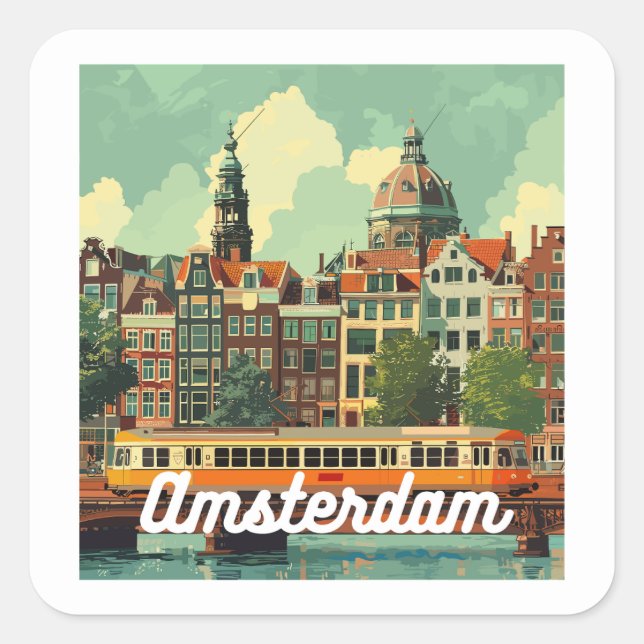 Sticker Carré Retro Amsterdam Skyline (Devant)