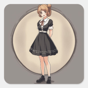 Sticker Carré Retro Anime Petit Robe Noire Décal - Artistique