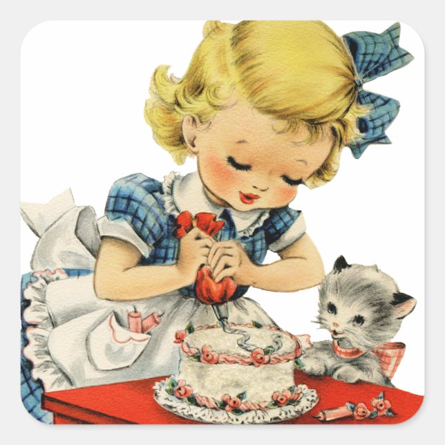 Sticker Carré Rétro Anniversaire Fille Cake Cat Enfants Artwork (Devant)