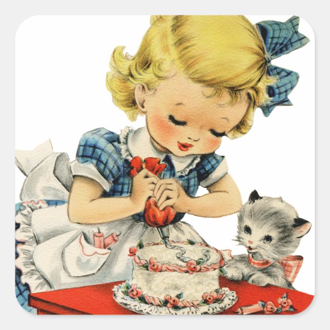 Sticker Carré Rétro Anniversaire Fille Cake Cat Enfants Artwork (Devant)