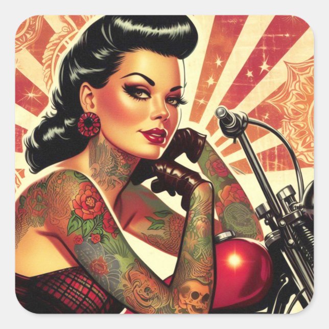 Sticker Carré Retro Biker Pin-up (Devant)