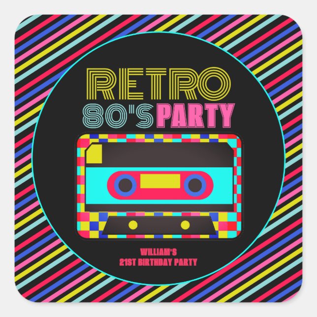 Sticker Carré Retro Black Neon Cassette Tape 80s Anniversaire (Devant)