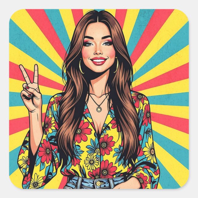 Sticker Carré Retro Boomer Hippie Lady giving Peace Sign (Devant)