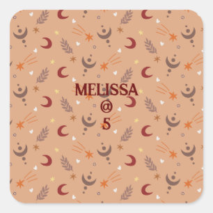 Sticker Carré Retro Brown Boho Whimsical Personnalisé Anniversai