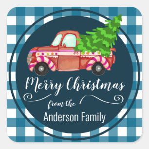 Sticker Carré Retro Christmas Red Truck Nom de famille