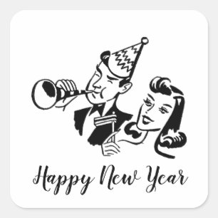 Sticker Carré Retro Couple Bonne Année