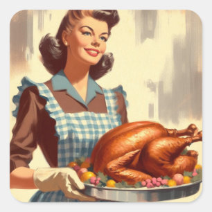 Sticker Carré Rétro Femme au foyer Thanksgiving Turquie Vintage