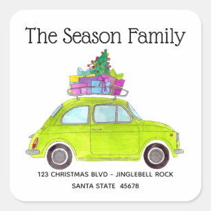Sticker Carré Retro Green Fiat 500 avec cadeaux de Noël