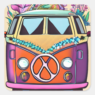 Sticker Carré Retro Hippie Van fleurs Vintages couleurs Art