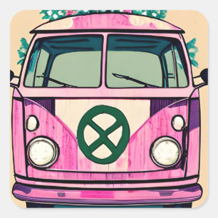 Sticker Carré Retro Hippie Van floral Vintages couleurs Art