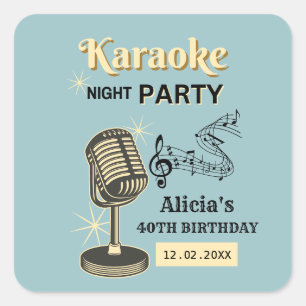 Sticker Carré Retro Karaoke Night Party Turquoise & Crème Annive