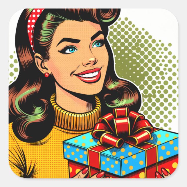 Sticker Carré Retro Lady tenant un cadeau d'anniversaire (Devant)