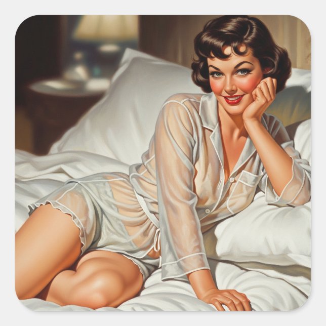 Sticker Carré Rétro Mignonne Femme '50 Pin-up (Devant)